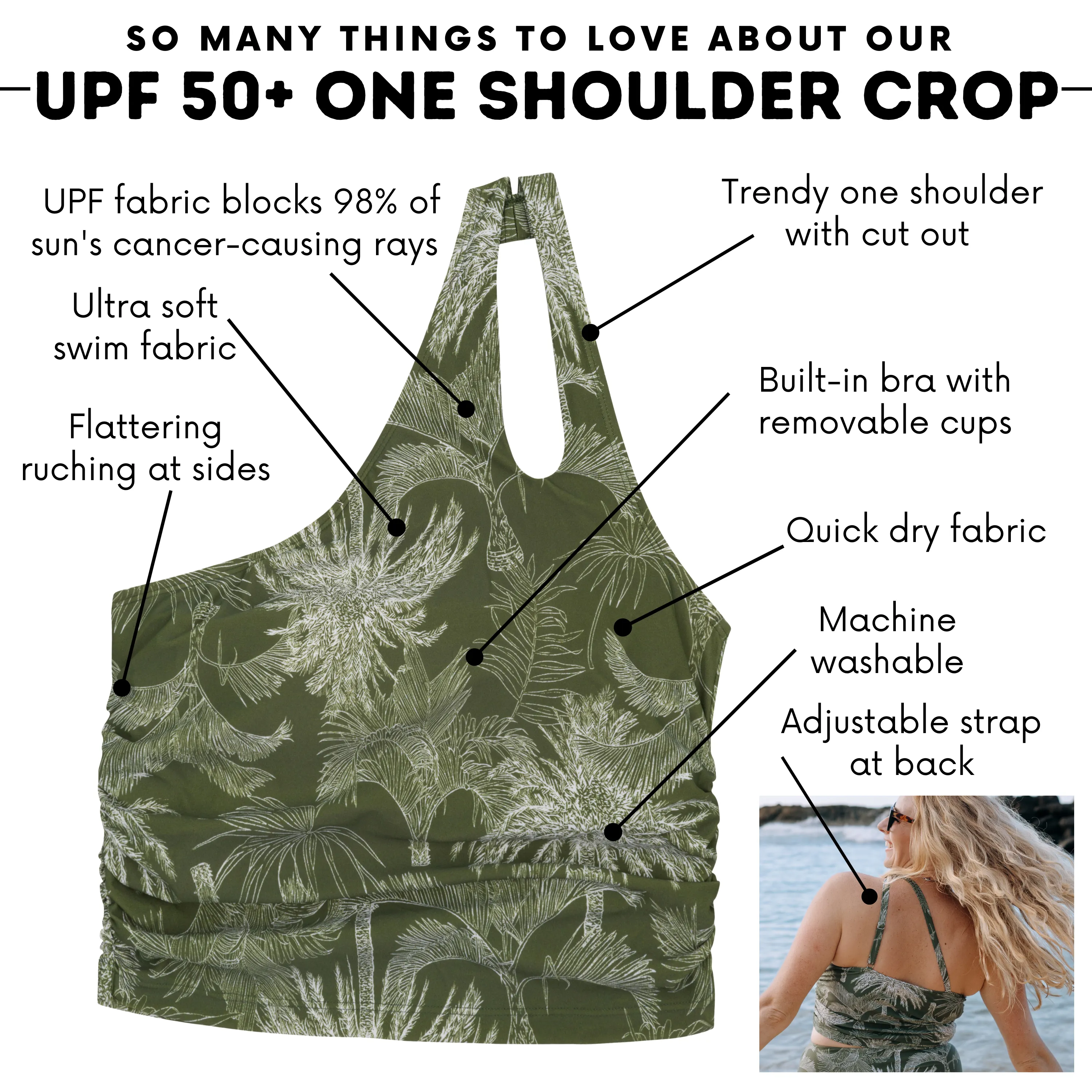 Womens One Shoulder Crop Tankini Top | Hawaiian Rainforest