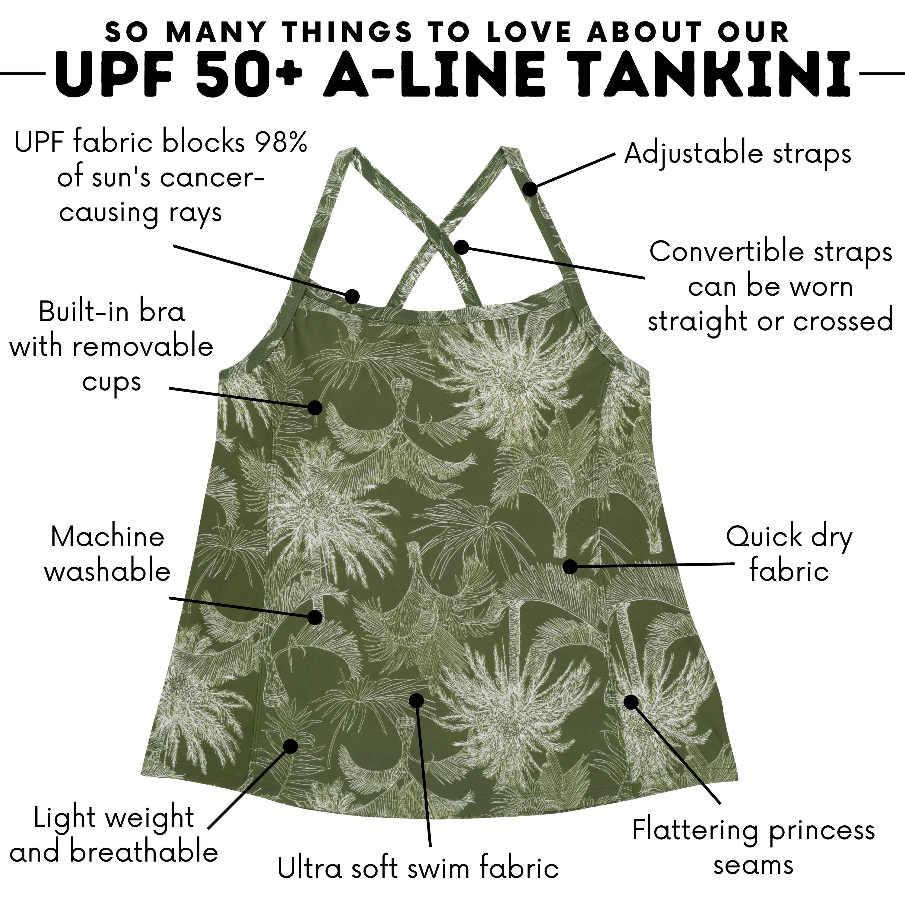 Womens Strappy A-Line Tankini Top | Hawaiian Rainforest